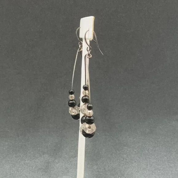 Pierced Earrings Gun Metal Gray Teardrop Wire Loop Acrylic Beaded Dangle 2" - Picture 5 of 10